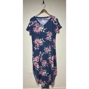 Tickled Teal T Shirt Dress Womens Large Grey Floral V-Neck Short Sleeve Maxi